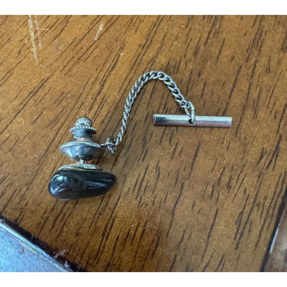 Vintage Mens Silver Tone Tie Tack with Dark Polished Stone and Chain T-Bar